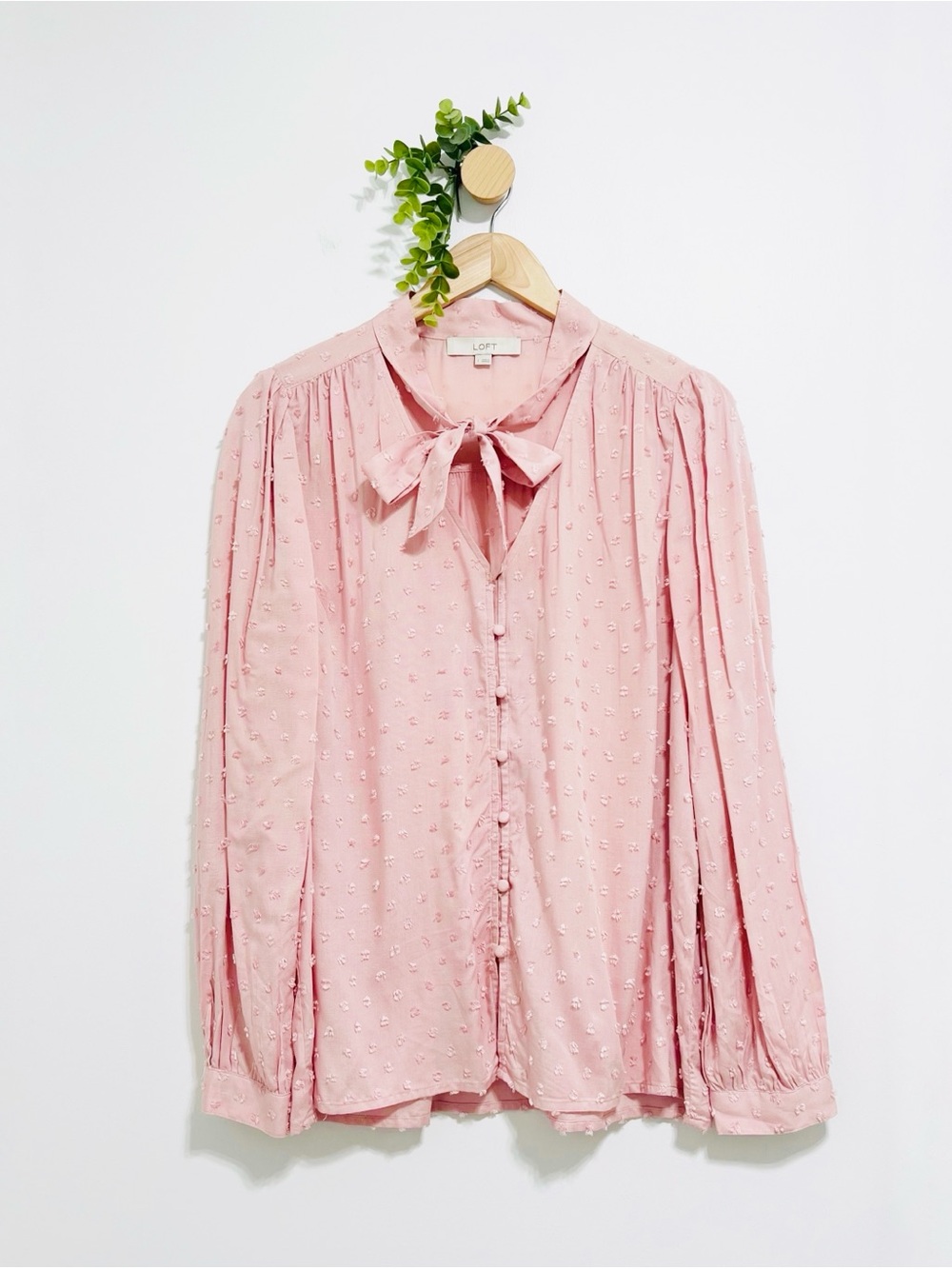 LOFT Blush Pink Swiss Dot Tie Neck Long Puff Sleeve Romantic Blouse